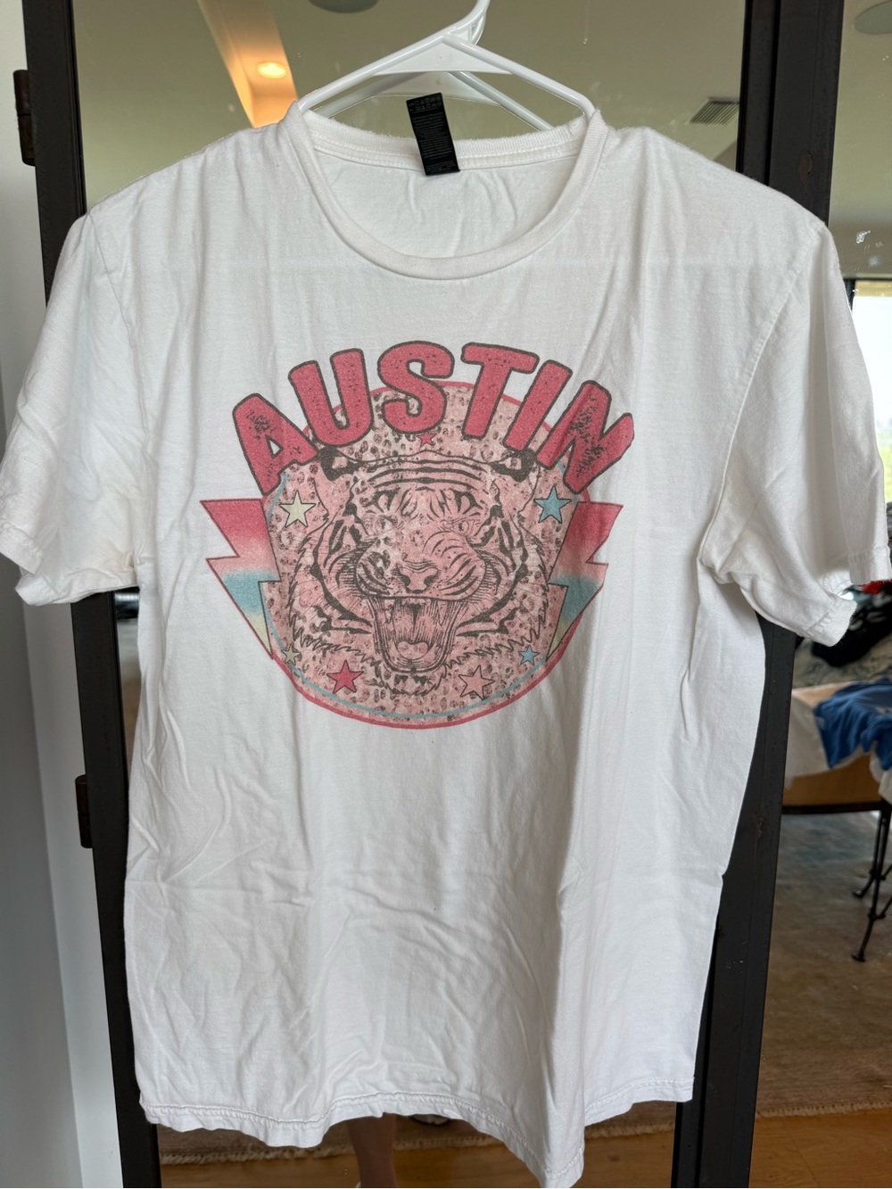 White Short-Sleeve Graphic Tee with Pink Austin Design